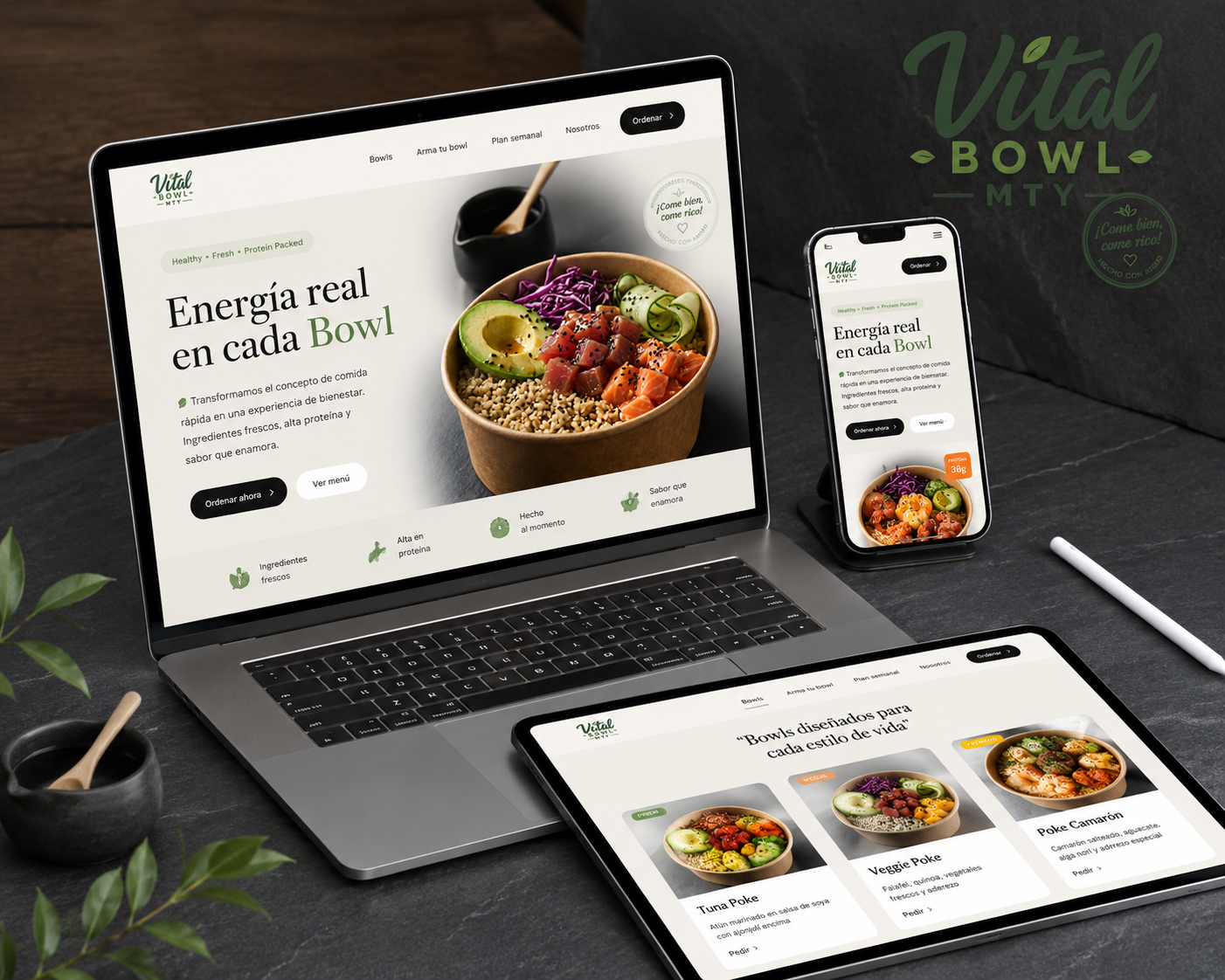 Mockup del sitio web de Vital Bowl MTY